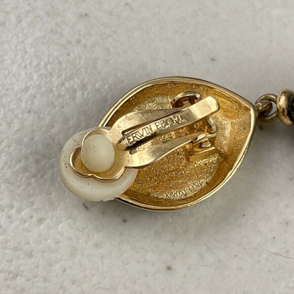 Vintage Earring Dangle Gold Tone & Black Mod 2" Erwin Pearl Clip 1960s Acrylic - Picture 3 of 3